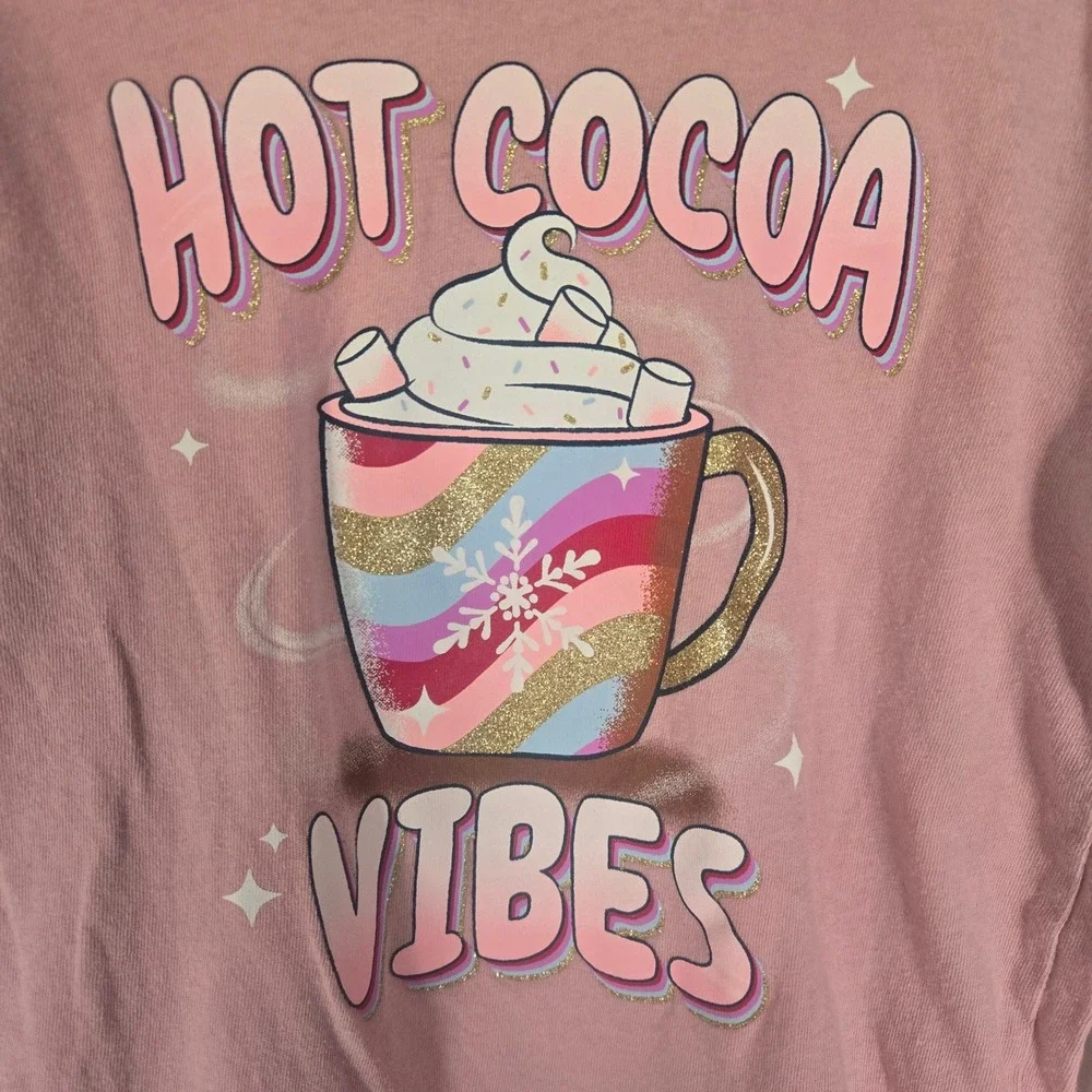 The Childrens Place Girls Pink Hot Cocoa Vibes‎ Glitter Long Sleeve Tee Size 5/6